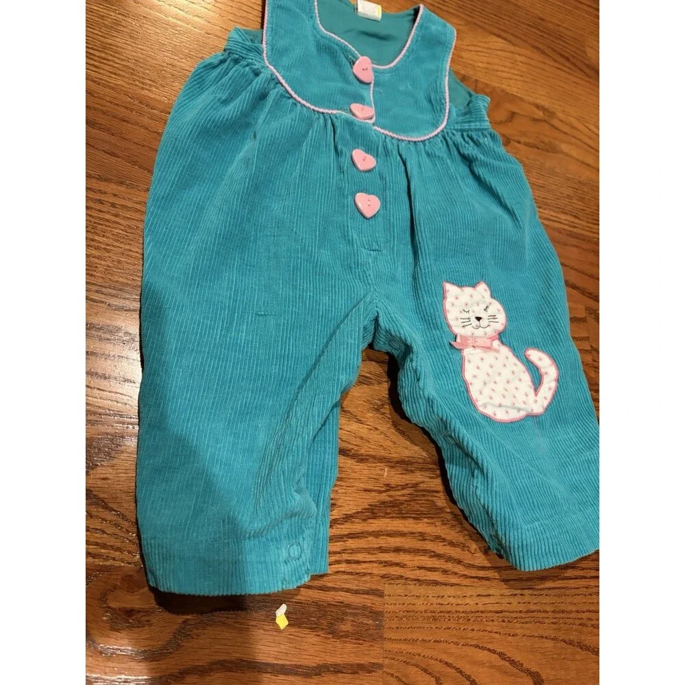 Vtg 80s Girl Corduroy Overalls Size 12 Months Teal Pink Cat Heart Buttons